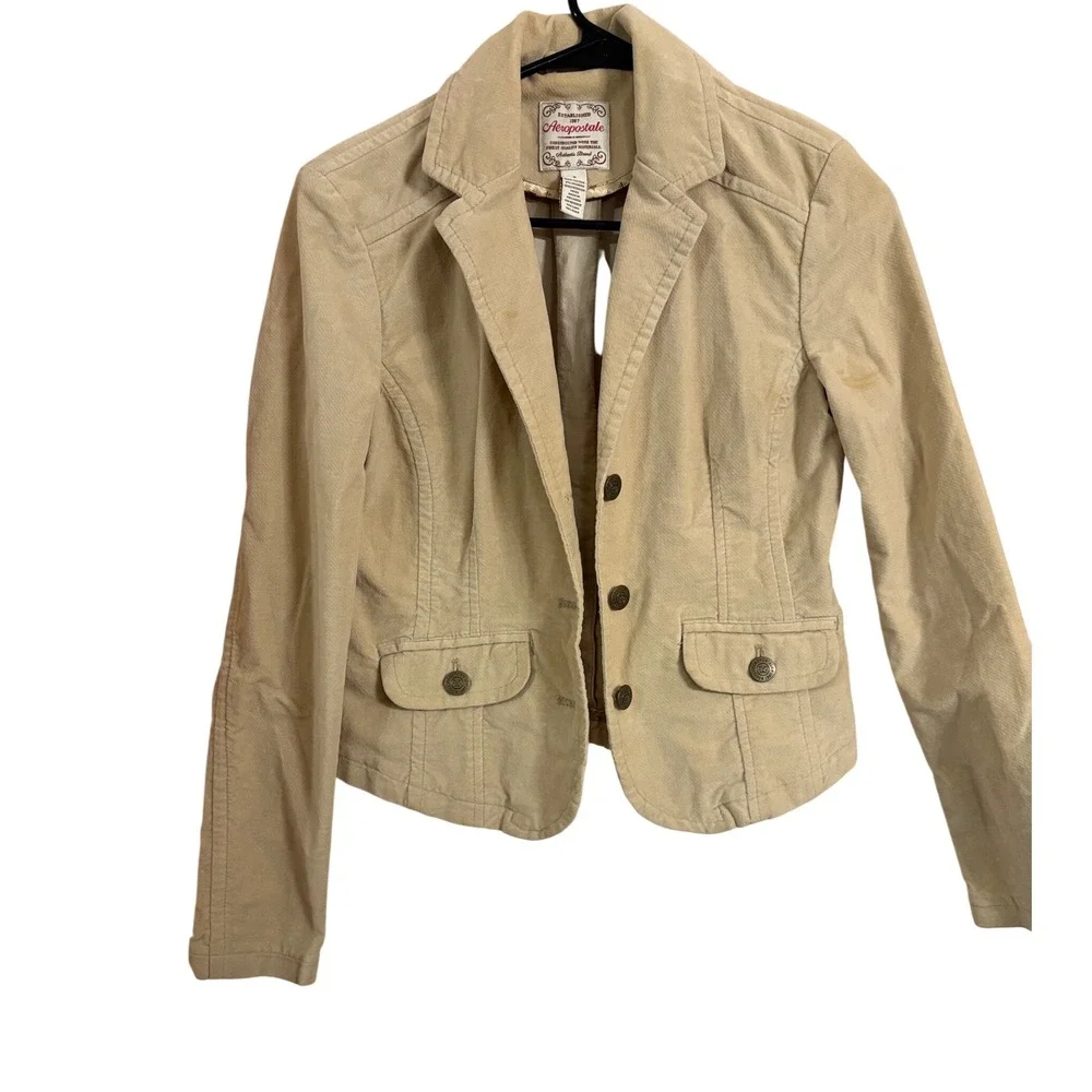 Aeropostale Tan Corduroy Blazer Jacket Womens Small Beige‎ 3 Button Stretch
